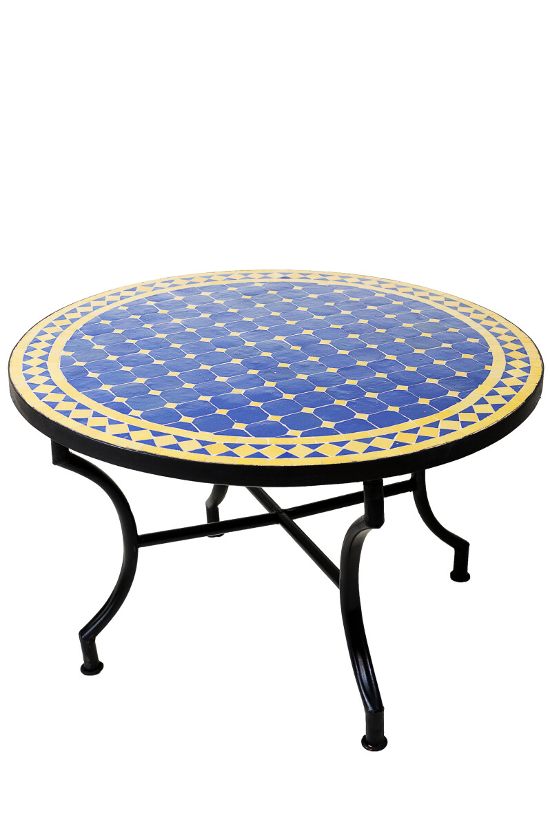 Table en mosaïque marocaine, bleu et jaune de Marrakech