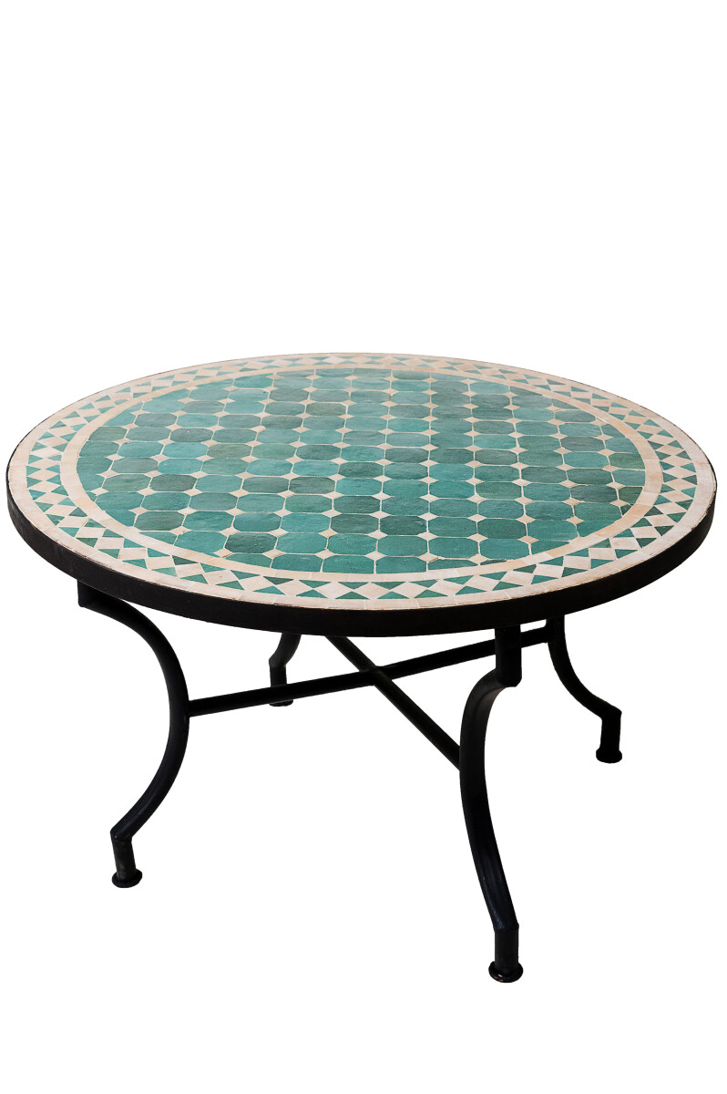 Table en mosaïque marocaine, Marrakech, vert et beige, 