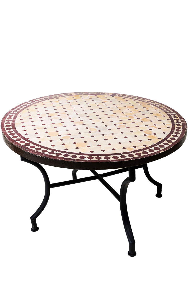Table en mosaïque marocaine Marrakech, beige et bordeau