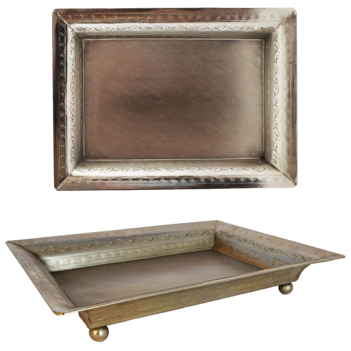 Plateau de service vintage rectangulaire Genna, argent vieil
